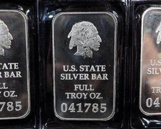 U.S. State Fine Silver Bars, Full Troy Oz, Qty 5 (Total Of 5 Troy Ounces), Stamped With Kansas State Image, In Collector Box
