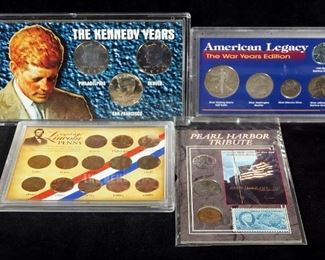 Coin Collection In Displays, Includes Walking Liberty Half Dollar, Quarters, Kennedy Half Dollars, And More, 4 Displays Total
