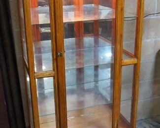 Lighted Curio Cabinet With Mirrored Crown And 3 Total Glass Shelves, Includes Key, Power On
