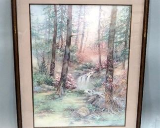 Lena Lui (Taiwanese) Watercolor Of Creek Flowing Through Forest, Signed And Numbered 1134/2980, Framed, Matted, Under Glass, 26.5" W x 33" H
