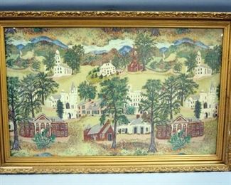 Believed To Be Grandma Moses Barkcloth Fabric Depicting Town Buildings And Trees, Framed, Under Glass, 40" W x 26" H
