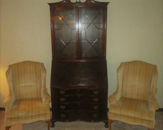 American Mahogany Fall Front Secretary Desk, Pair Gold Stripe Wingback Chairs