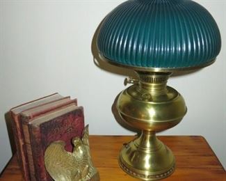 Antique Brass Rayo Electric Oil Lamp w Green Globe, Brass Eagle Bookends