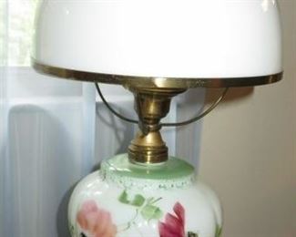 Hand Painted Milk Glass Shade Electric Hurricane Lamp