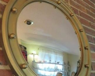 Antique  Federal Carved Eagle Bullseye Convex Gold Gilt Wood Wall Mirror 