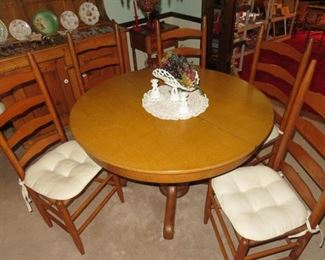Vintage French Country Oak Wood Dining Table Set with  2 leaves, 5 Ladderback Rush Seat Chairs