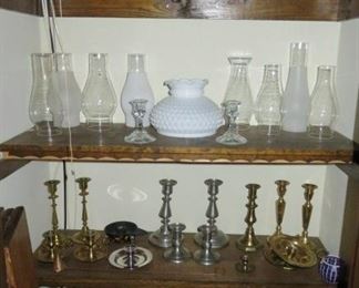Amber & Milk Glass Hurricane Lamp Shades, Glass Oil Lamp Chimneys, Candle Sticks 
