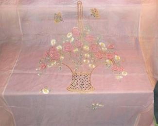 Twin Hand Embroidered Pink Sheer Bedspread with Green Trim