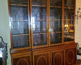 Massive Antique China Cabinet With Hand Blow Glass Panels And Inlaid Details
