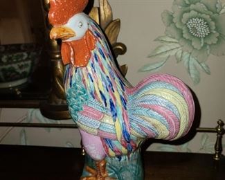 Asian Rose Medallion Rooster Figurine