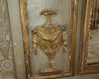 Large Antique Hand Carved Wooden Mirror With Gold Painted Details