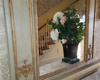 Large Antique Hand Carved Wooden Mirror With Gold Painted Details