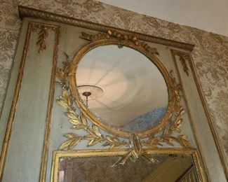Large Antique Hand Carved Wooden Mirror With Gold Painted Details