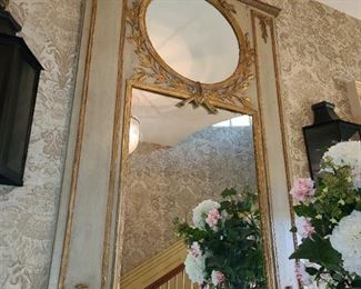 Large Antique Hand Carved Wooden Mirror With Gold Painted Details