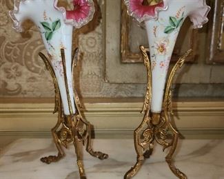 Antique Fenton Vases With Ruffled Edge In Brass Holders