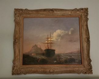 Antique Ship Painting In Carved Frame