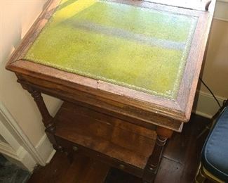 Antique Wood Writing Desk With Green Felt Top Desk & Lamp