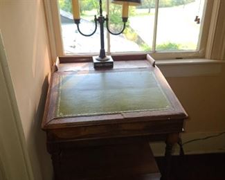 Antique Wood Writing Desk With Green Felt Top Desk & Lamp