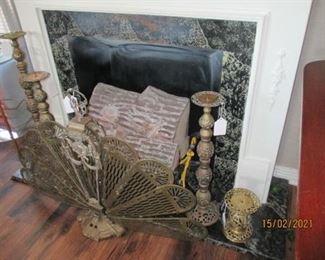Brass Fireplace 'peacock' and candleholders