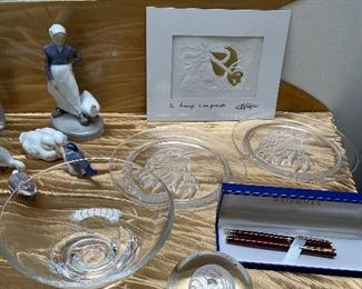 Steuben bowl and paperweight.  Waterman pen/pencil set in box.    (2) Lalique France 1973 Annual plates, Jayling Bird.