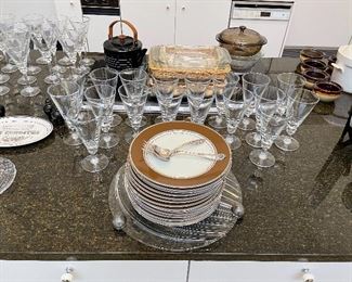 Fitz and Floyd dinner plates, assorted stemware, Pyrex 