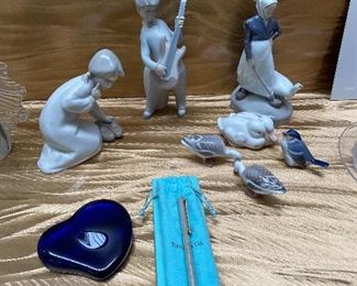 Lladro and Royal Doulton.  Tiffany & Co. pencil and cobalt heart paper weigh.