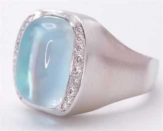 Custom Designer 4.55 Carat Natural Aquamarine Cabochon Over Opal Ring with Diamonds in 18k Heavy White Satin Gold
