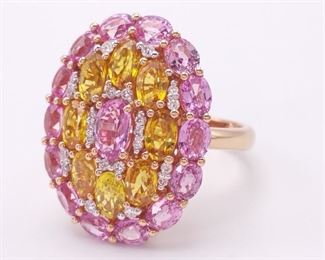 Breathtaking! ~7.00 Carat Natural Pink and Yellow Sapphire Halo Ring with Diamonds in 18k Rose Gold
