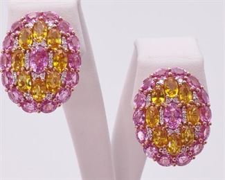 13.00+ Carat Natural Pink and Yellow Sapphire Earrings with Diamonds in 18k Rose Gold (Omega Backs)
