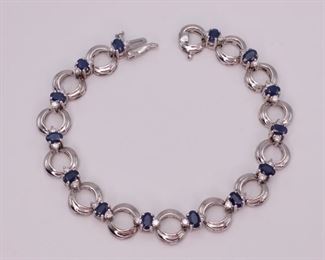 4.20 Carat Natural Blue Sapphire and Diamond Omega Link Tennis Bracelet in 14k White Gold
