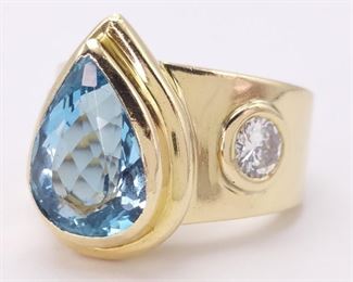 4.38 Carat Aqua Blue Topaz and Diamond Statement Ring in Heavy 18k Yellow Gold
