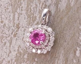 New! Natural Pink Sapphire and Diamond Double Halo Necklace in 14k White Gold
