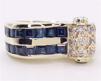 Fancy Design Estate Ring With Diamonds, Blue Sapphires, and Emeralds in Heavy 14k Yellow Gold
