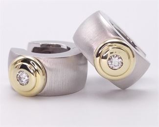 Fred Breuning Designer Diamond Two-Toned Huggie Estate Earrings in 14k Gold
