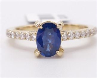 New!! 1.36 Carat Blue Sapphire and Diamond Lined Ring in 14k Yellow Gold; $2,500 With Tag
