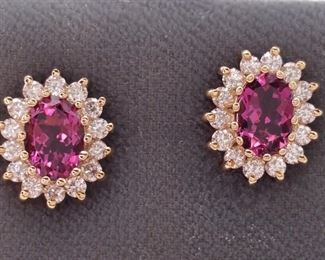New!! 1.90 Carat Pink Tourmaline and Diamond Halo Earrings in 14k Yellow Gold; $1,800 Price Tag
