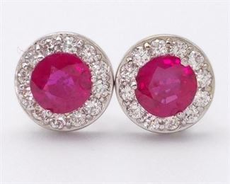 Natural Ruby and Diamond Halo Martini Style Stud Earrings in 14k White Gold
