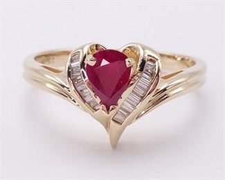 Romantic Strawberry Natural Ruby and Diamond Estate Ring in 14k Yellow Gold
