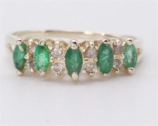 Natural Emerald Marquise and Diamond Ring in 14k Yellow Gold
