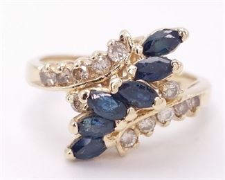 Natural Blue Sapphire and Diamond Swirl Estate Ring in 14k Yellow Gold
