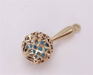 Italian Natural Turquoise Rattle Estate Pendant in 14k Yellow Gold
