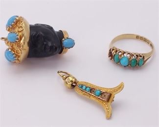 Exotic Mixed Antique Foreign Yellow Gold Items with Turquoise Stones

