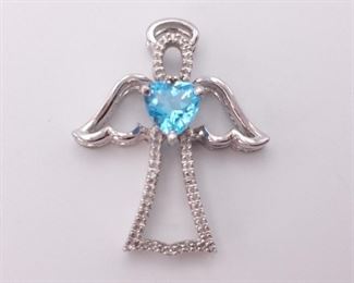 Heart Shaped Blue Topaz and Diamond Angel Estate Pendant
