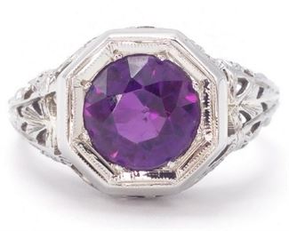 Antique 1.80 Carat Amethyst Filigree Estate Ring in 18k White Gold

