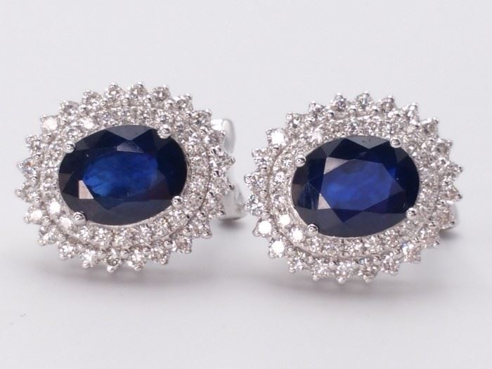 Natural Blue Sapphire and Diamond Double Halo Earrings with Omega Backs in 18k White Gold
