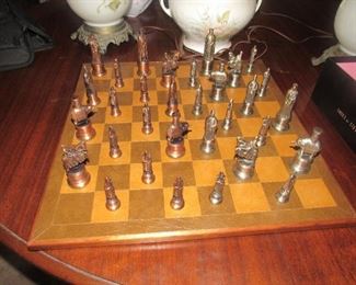 Leather chess board with metal figures