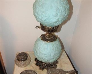 One of two satin blue Fenton lamps