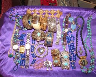 A sample of some of the many pieces with turquoise, blue lapis, malachite, tiger eye, jasper, jade, onyx and others...