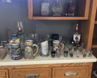Beer Steins and assorted bar ware 