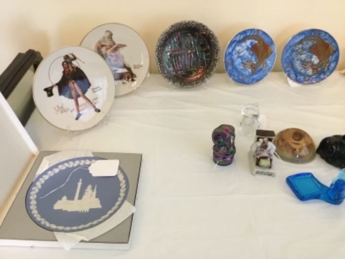 Wedge wood in original box, Norman Rockwell plates.